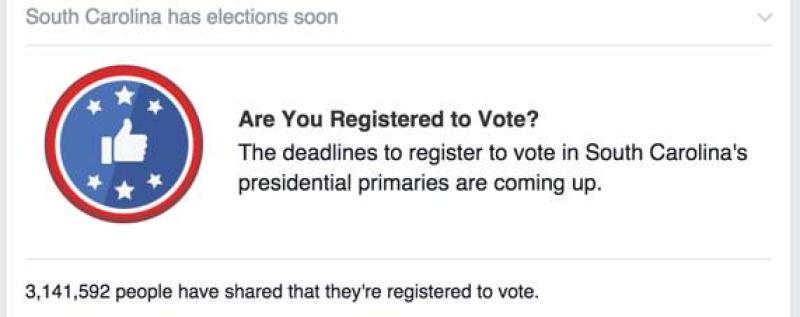 A notification banner with a blue circle featuring white stars and a thumbs-up icon, text reading "South Carolina has elections soon" at the top, and a message below stating "Are You Registered to Vote? The deadlines to register to vote in South Carolina's presidential primaries are coming up." Additional text notes "3,141,592 people have shared that they're registered to vote."