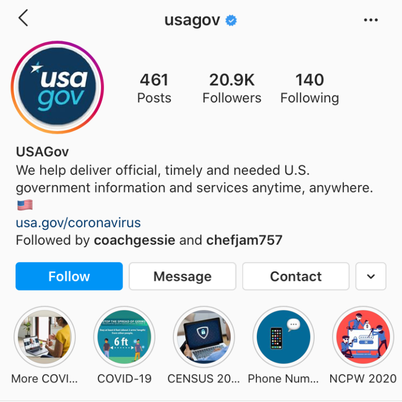 Image of the "usagov" Instagram profile with 461 posts, 20.9K followers, and 140 following, featuring the USA.gov logo, a description about delivering U.S. government info, a coronavirus link, and icons for COVID-19, Census 2020, phone numbers, and NCPW 2020.