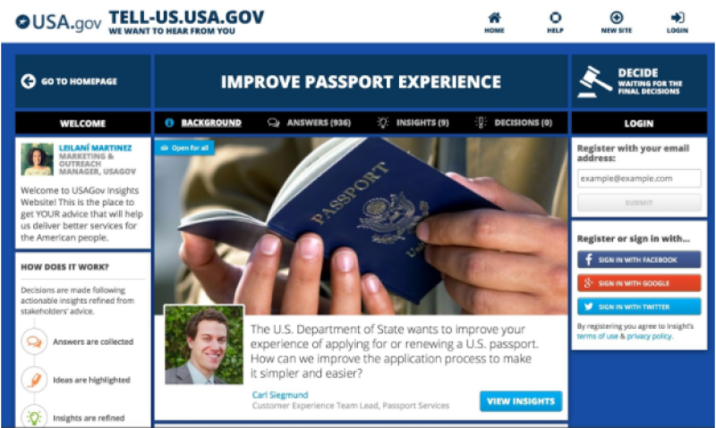 A "Tell Us USA.gov" webpage titled "Improve Passport Experience," featuring a passport image and text about enhancing the U.S. Department of State's passport application process. It includes a welcome message, a customer experience team lead photo, and options to register with email or social media, credited to USA.gov.