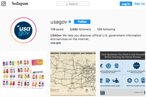 An Instagram profile for USAgov with 3,690 followers and 124 following, featuring the USA.gov logo. The bio states "USAgov We help you discover official U.S. government information usa.gov on the internet." The profile shows three posts: one with ice cream images, another with a road map, and a third with a "Four Questions" infographic.